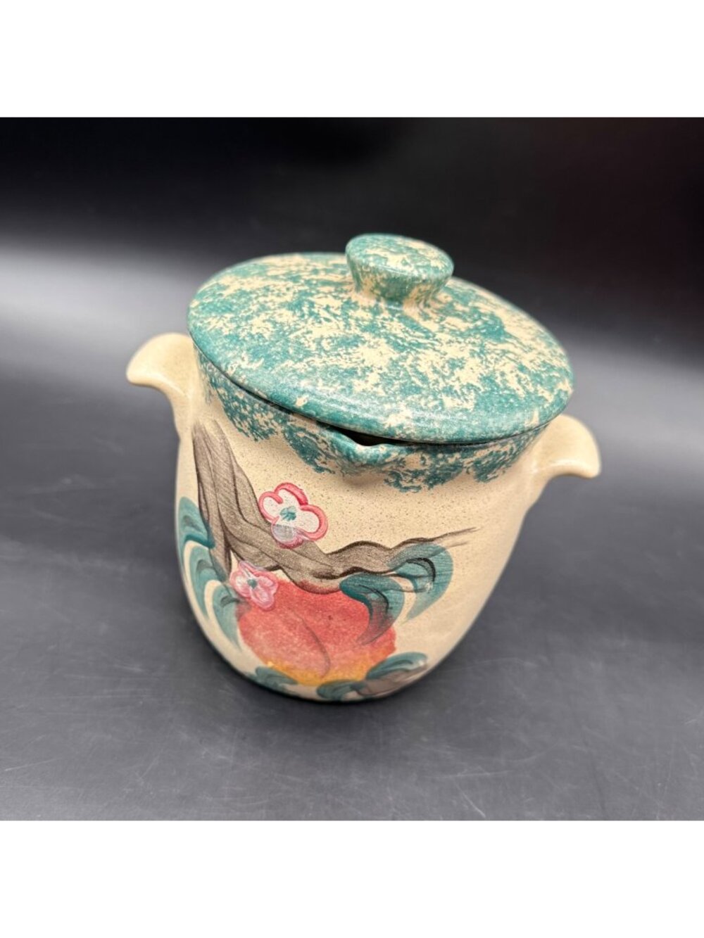 Vintage Grease Jar Container 1990s Peach Handmade Spongeware Pottery Farmhouse